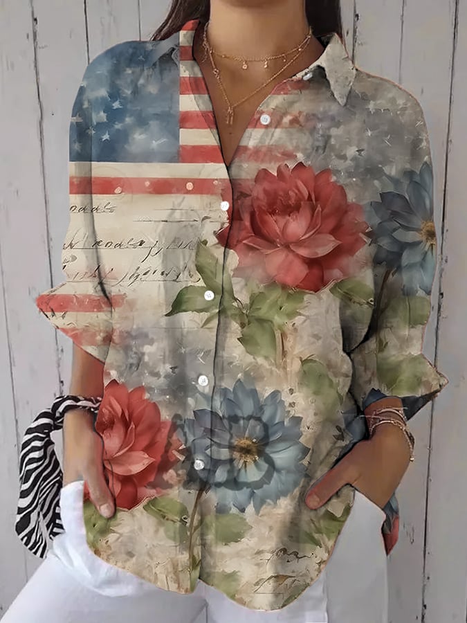 🔥Buy 3 Get 10% Off🔥Cotton&Linen Floral Independence Day Shirt