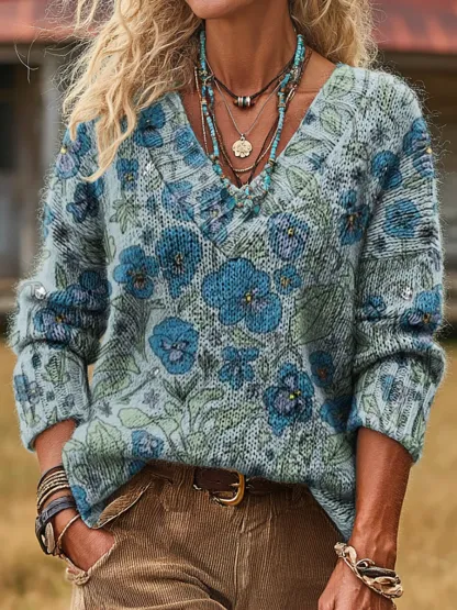 Unisex Vintage Floral Art Print Casual Long-sleeved V-neck Wool Blend Knitted Sweater