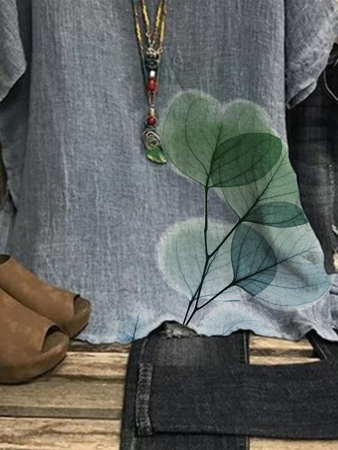 Women's Cotton Linen Floral Loose Casual T-Shirt