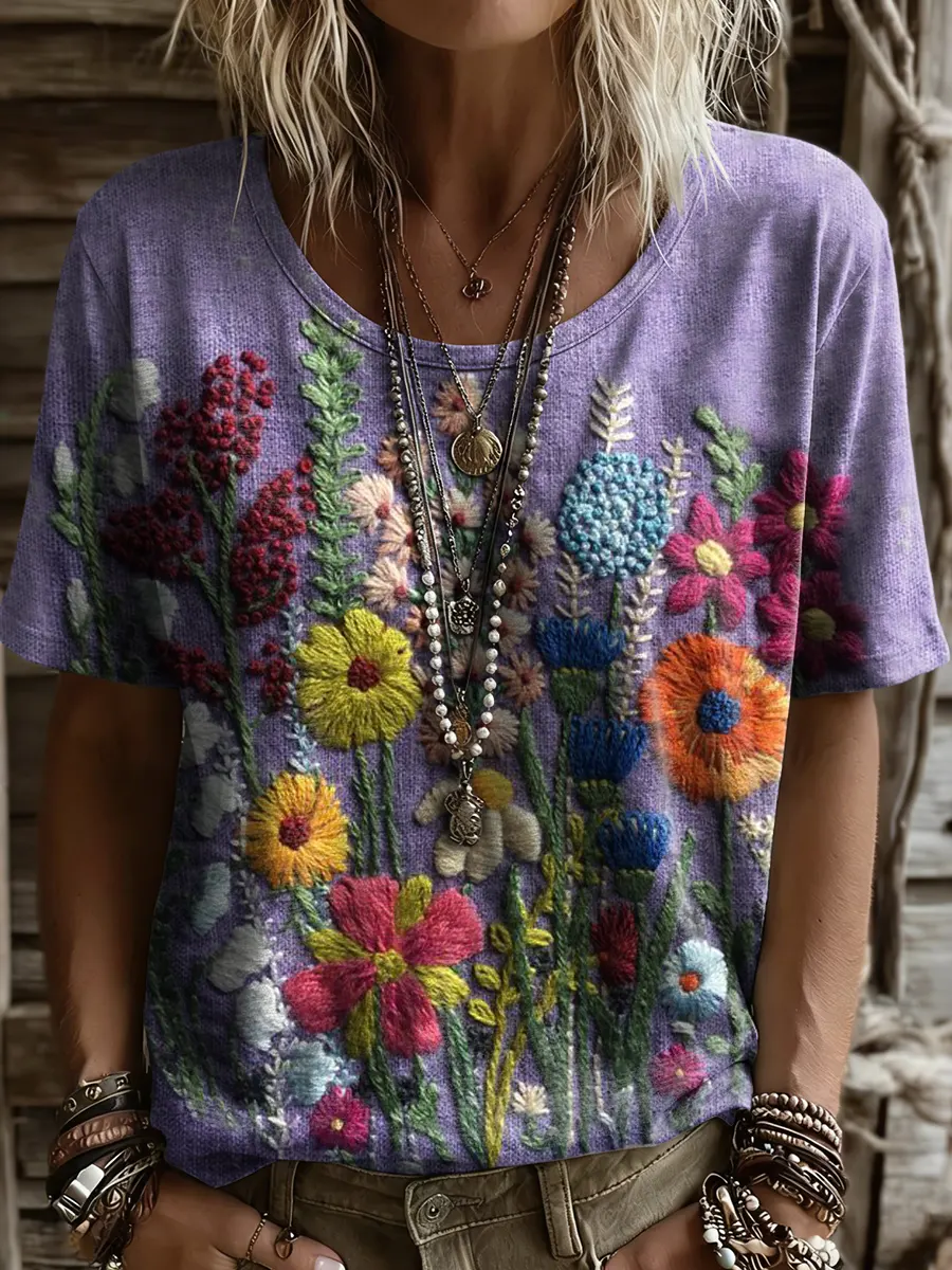 Women's Retro Colorful Textured Floral Art Print Casual Crew Neck Short-Sleeve T-Shirt