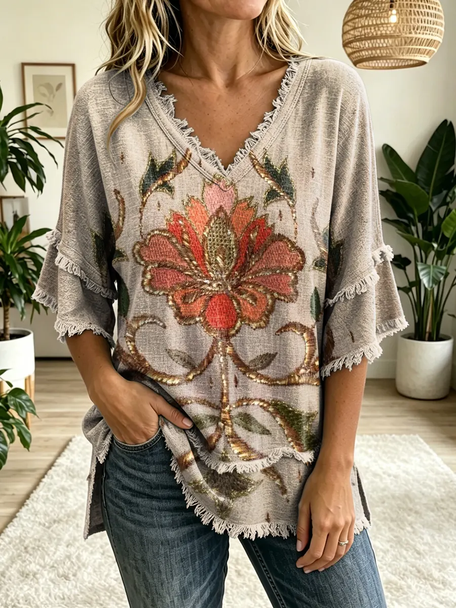 Women's Vintage Folk Floral Art Print V-Neck Tasseled Cotton Top