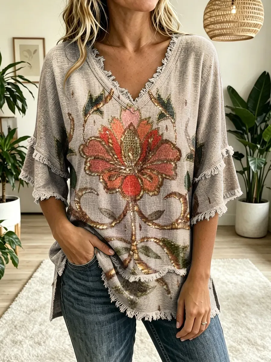 Women's Vintage Folk Floral Art Print V-Neck Tasseled Cotton Top
