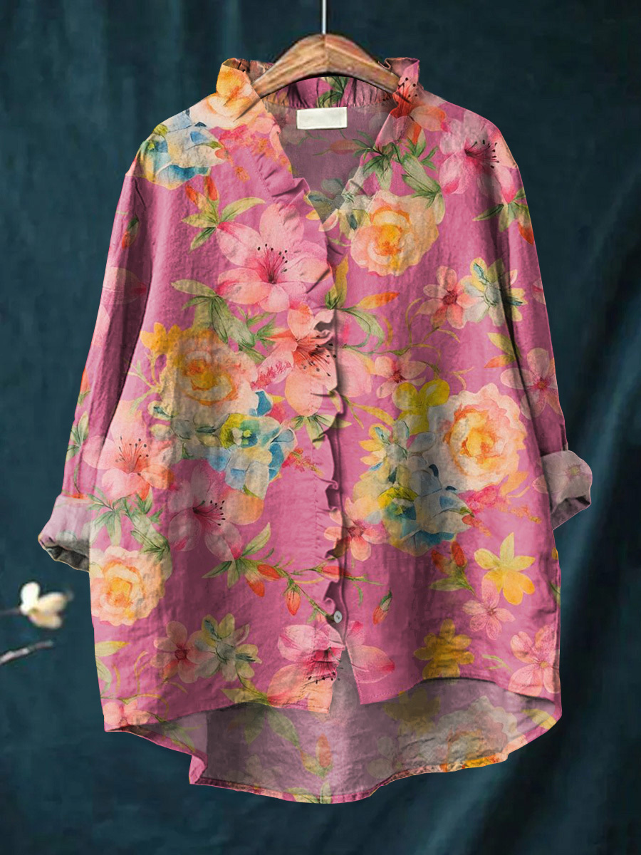 Women's Beautiful Colorful Large Flower Art Print Casual Cotton And Li