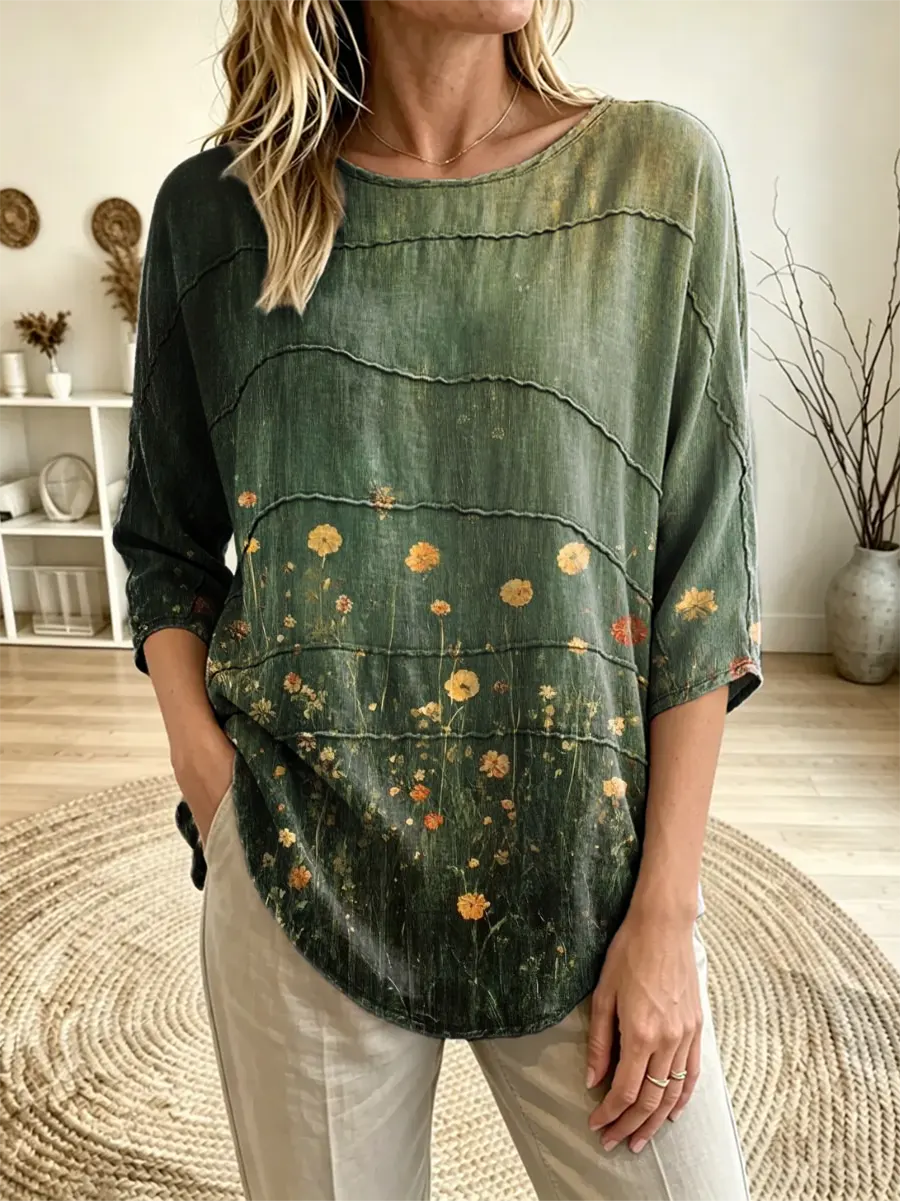 Women's Retro Floral Print Boat Neck Three Quarter Sleeve Top