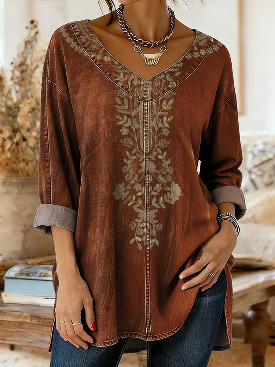 Ethnicity Flowers Totem Women's Art Print Casual Washed Denim Cotton Top