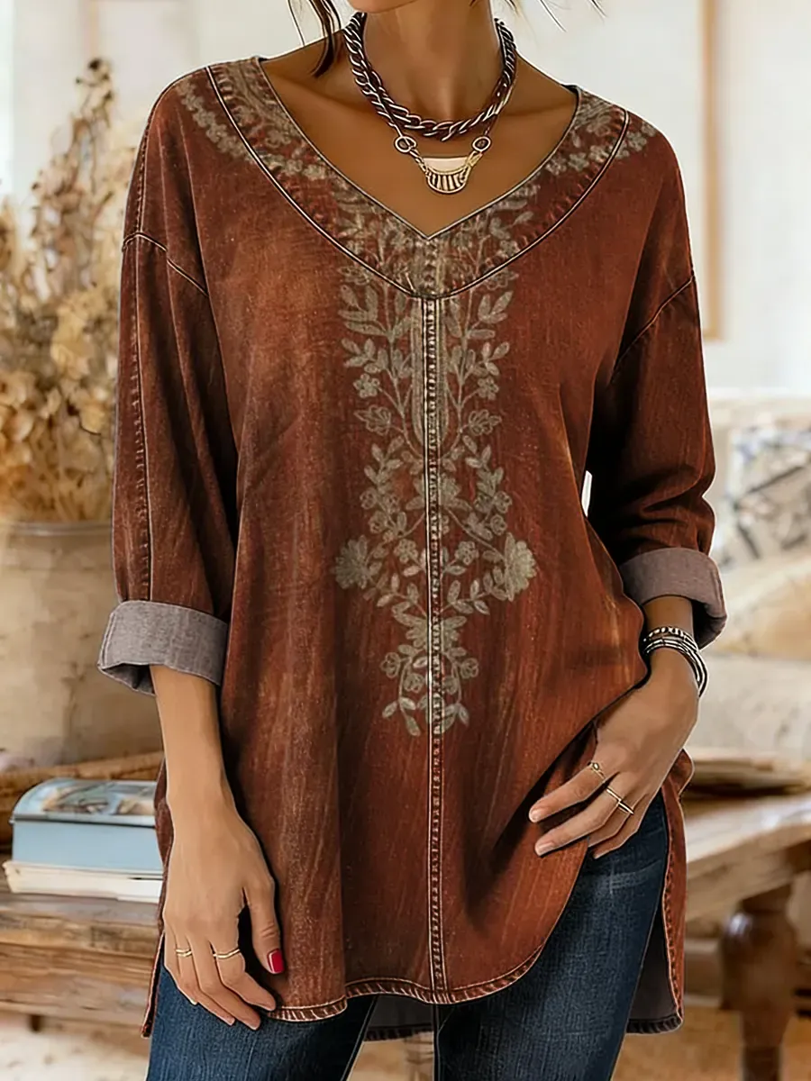 Ethnicity Flowers Totem Women's Art Print Casual Washed Denim Cotton Top