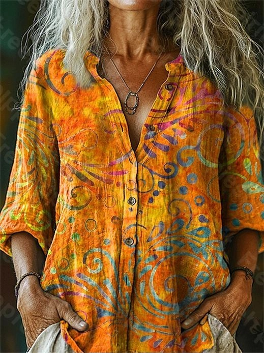 Women's Vintage-Style Orange Floral Art Print Casual Cotton-Linen Blen