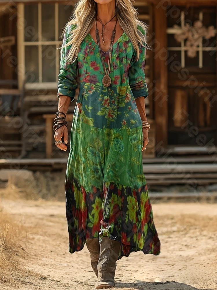 Women's Ethnic Floral Collage Art Print Pocket Cotton Dress