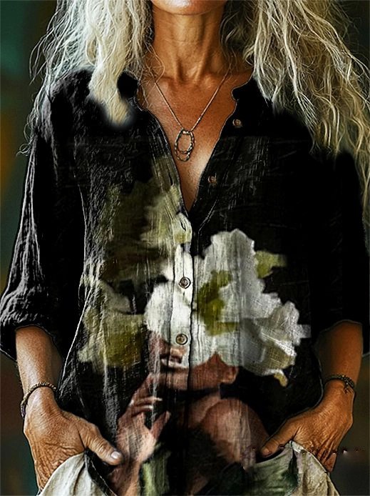 Women's Black Floral Print Casual Cotton Linen Shirt