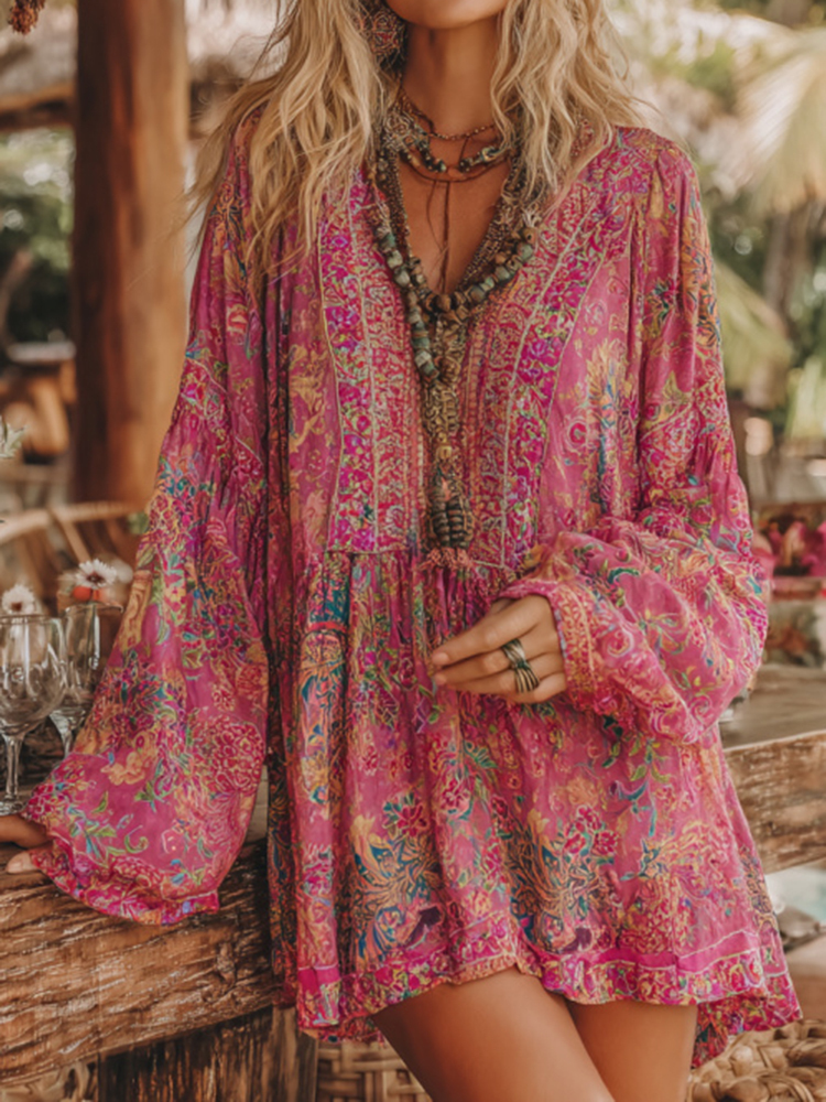 Women's V Neck Boho Floral Art Casual Shirt