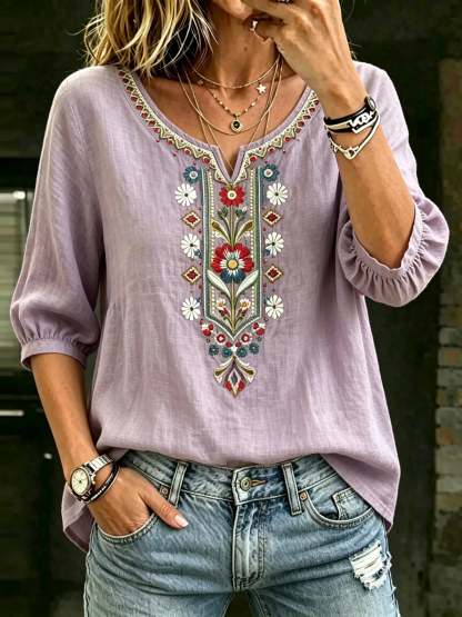 Women's Bohemian Floral Embroidered Cotton V-Neck Blouse