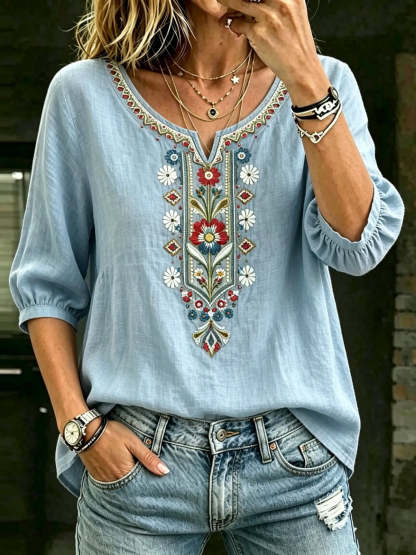 Women's Bohemian Floral Embroidered Cotton V-Neck Blouse