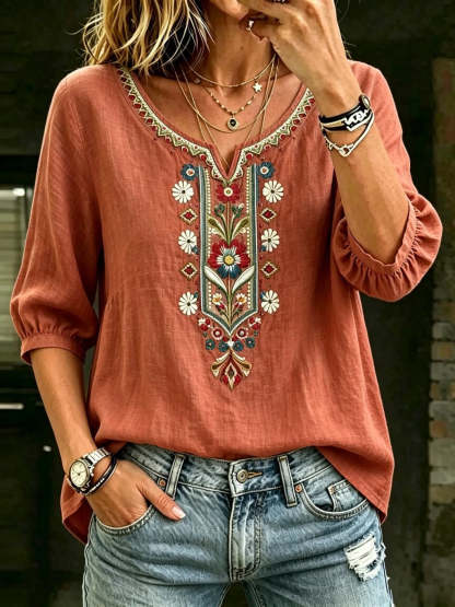 Women's Bohemian Floral Embroidered Cotton V-Neck Blouse