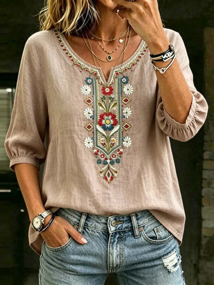 Women's Bohemian Floral Embroidered Cotton V-Neck Blouse