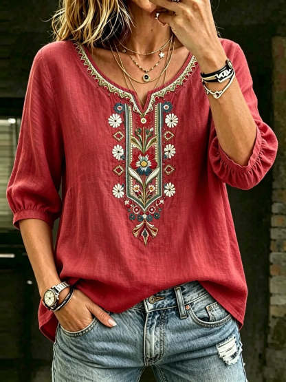 Women's Bohemian Floral Embroidered Cotton V-Neck Blouse