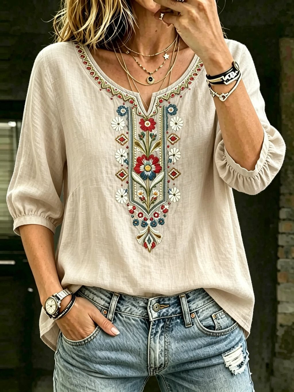 Women's Bohemian Floral Embroidered Cotton V-Neck Blouse