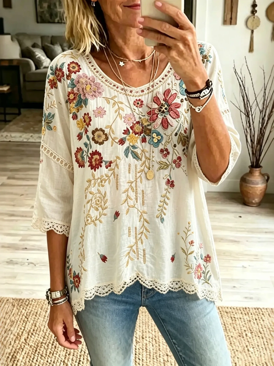 Women's Floral Design Short-sleeved Linen T-shirt