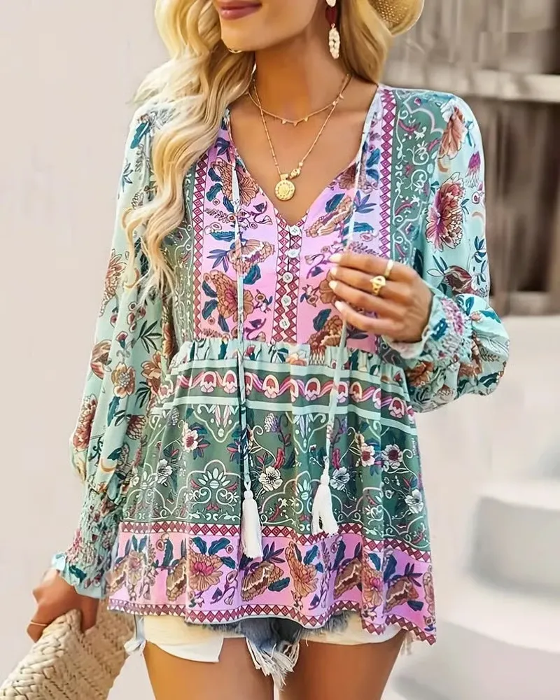 Lantern sleeve ethnic print blouse