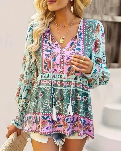 Lantern sleeve ethnic print blouse