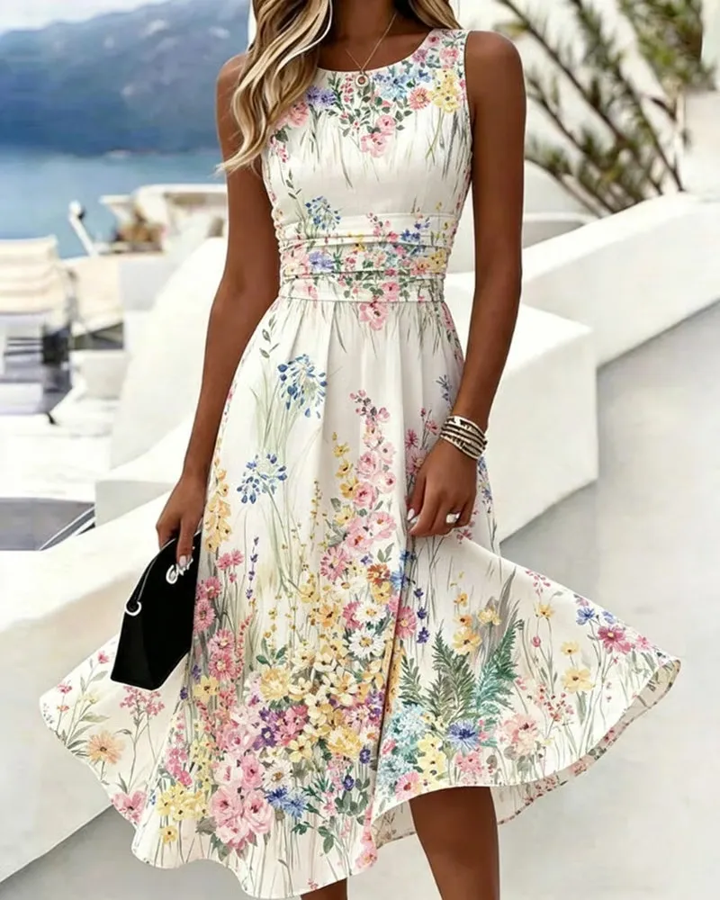 Sleeveless Floral Print Waist-Cinching Dress
