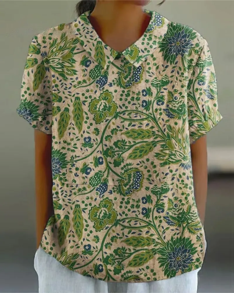 Short sleeve lapel printed casual blouse