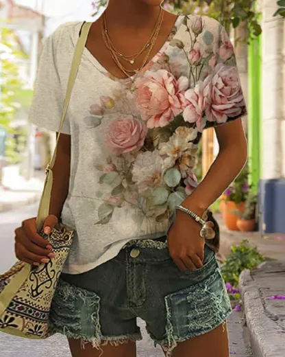 Short-sleeved floral print casual blouse