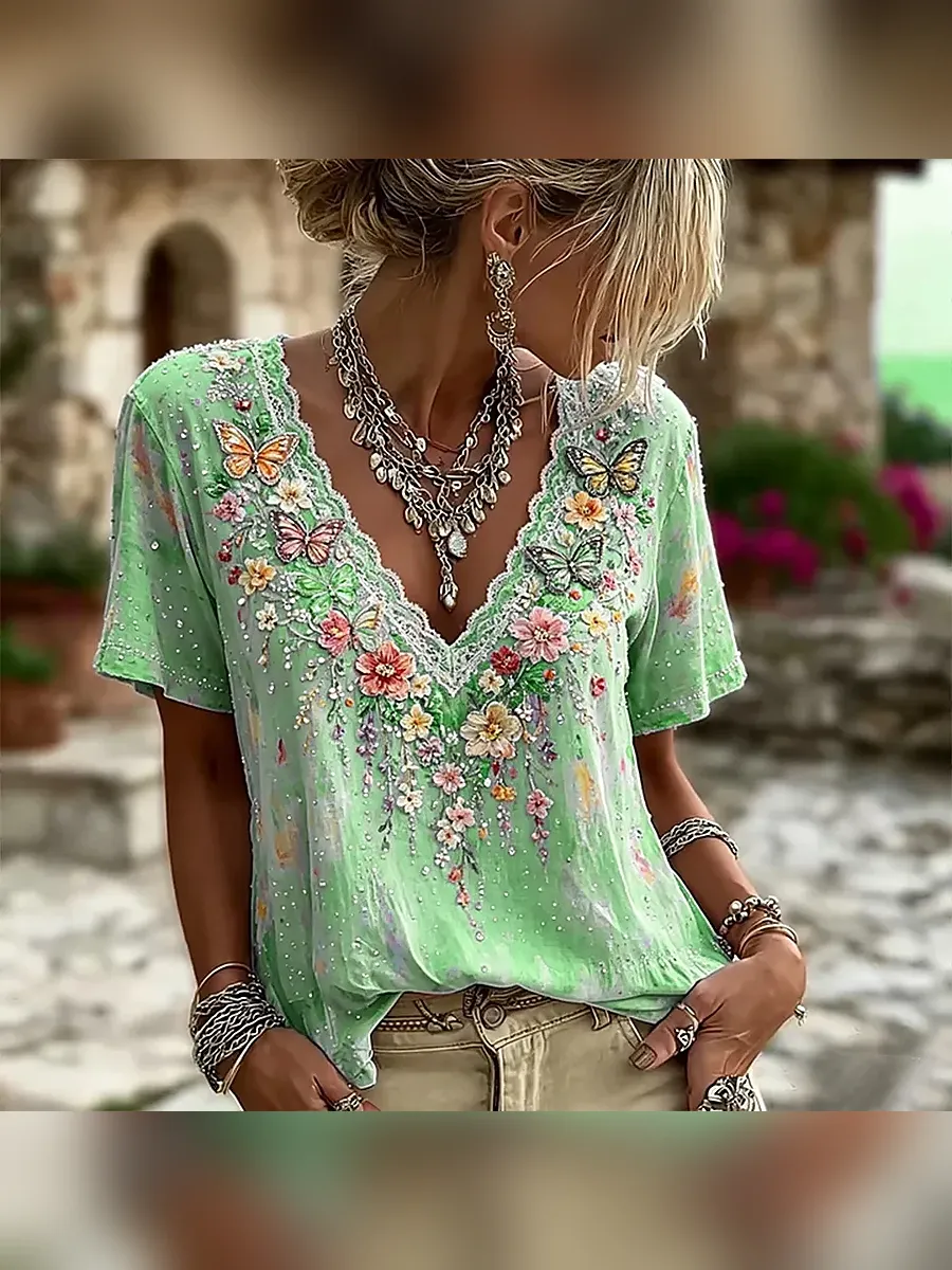 Women's Colorful Floral And Butterfly Art Embroidered Linen Blend Lace V-neck Short Sleeve Top
