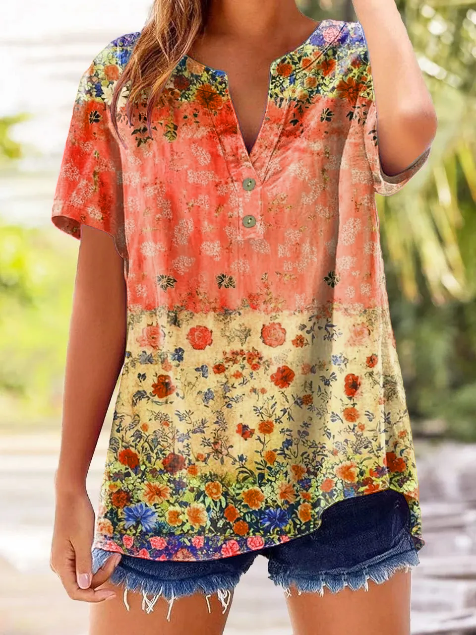 Women's Retro Casual Floral Cotton and Linen Top