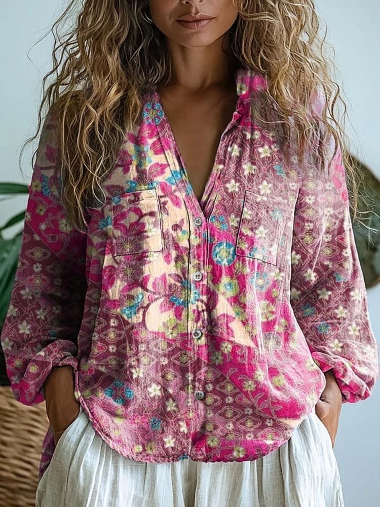 Women's Vintage Floral Art Print Casual Long Sleeve Comfortable Cotton Shirt