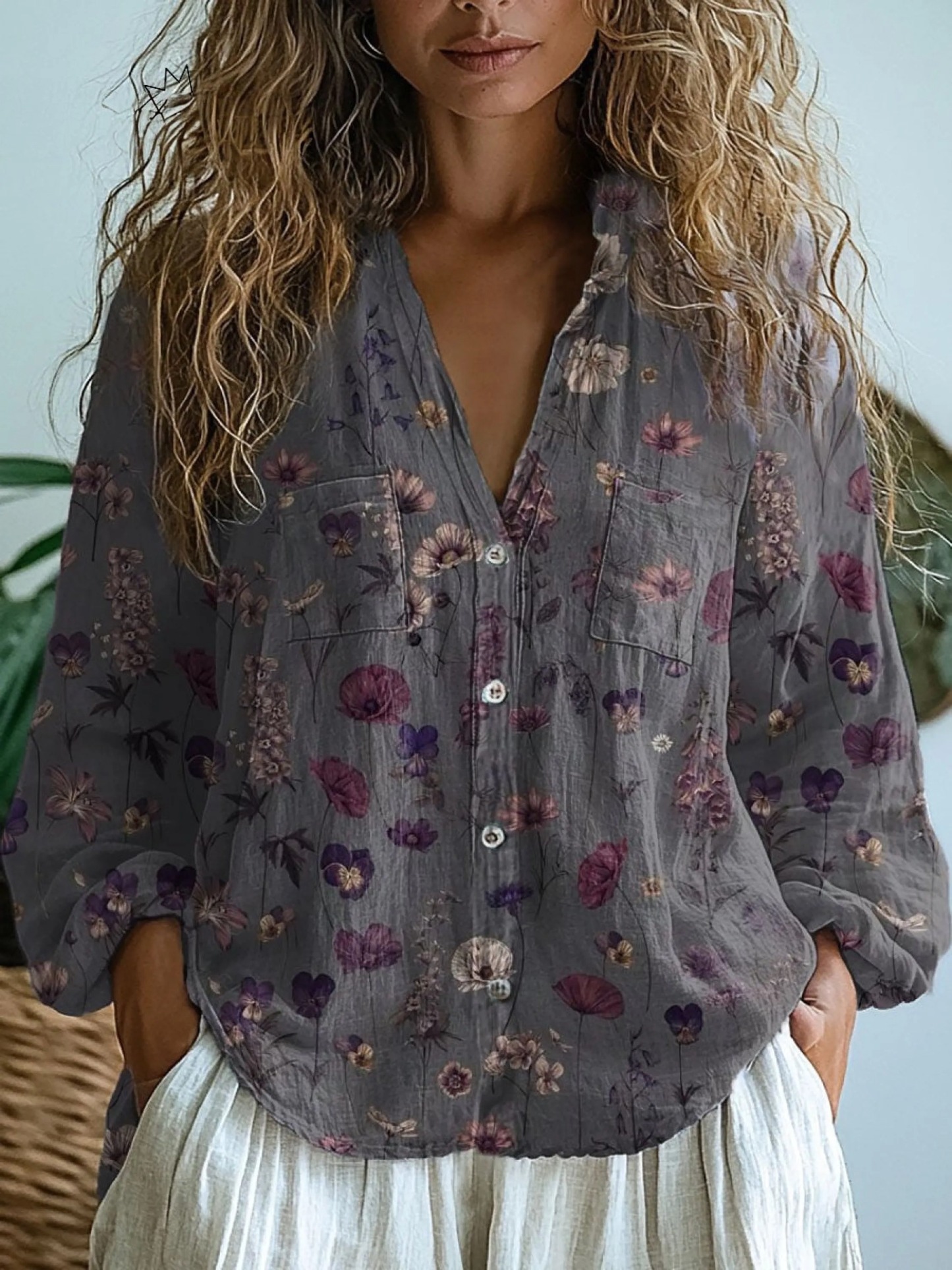 Women's Retro Floral Art Print Casual Long Sleeve Comfortable Cotton S