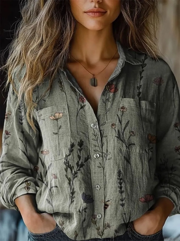 Vintage Style Spring Floral Pattern Printed Women's Casual Long Sleeve