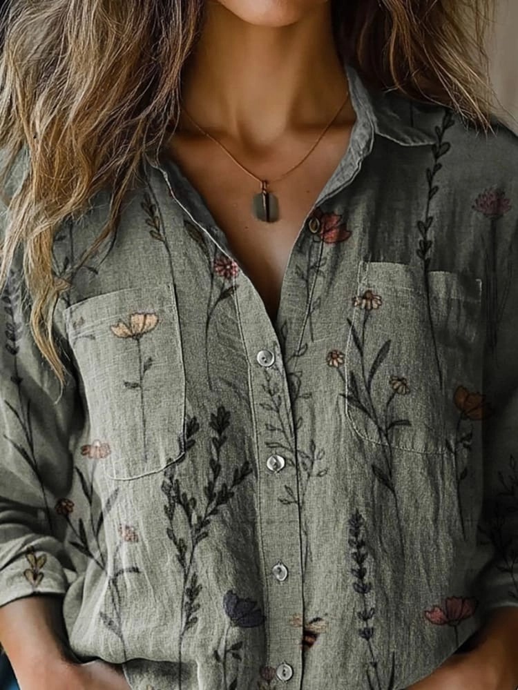 Vintage Style Spring Floral Pattern Printed Women's Casual Long Sleeve Comfortable Cotton Shirt