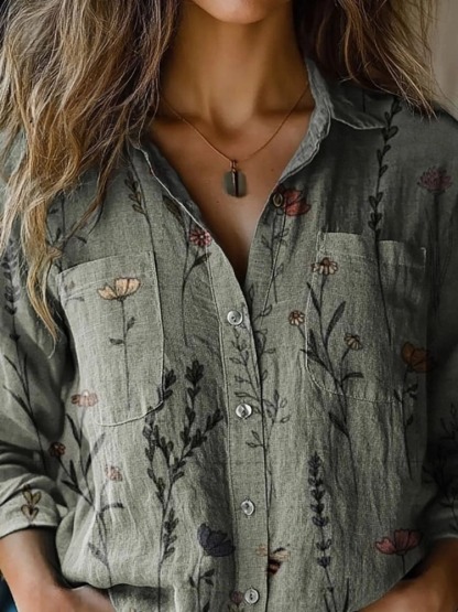 Vintage Style Spring Floral Pattern Printed Women's Casual Long Sleeve Comfortable Cotton Shirt