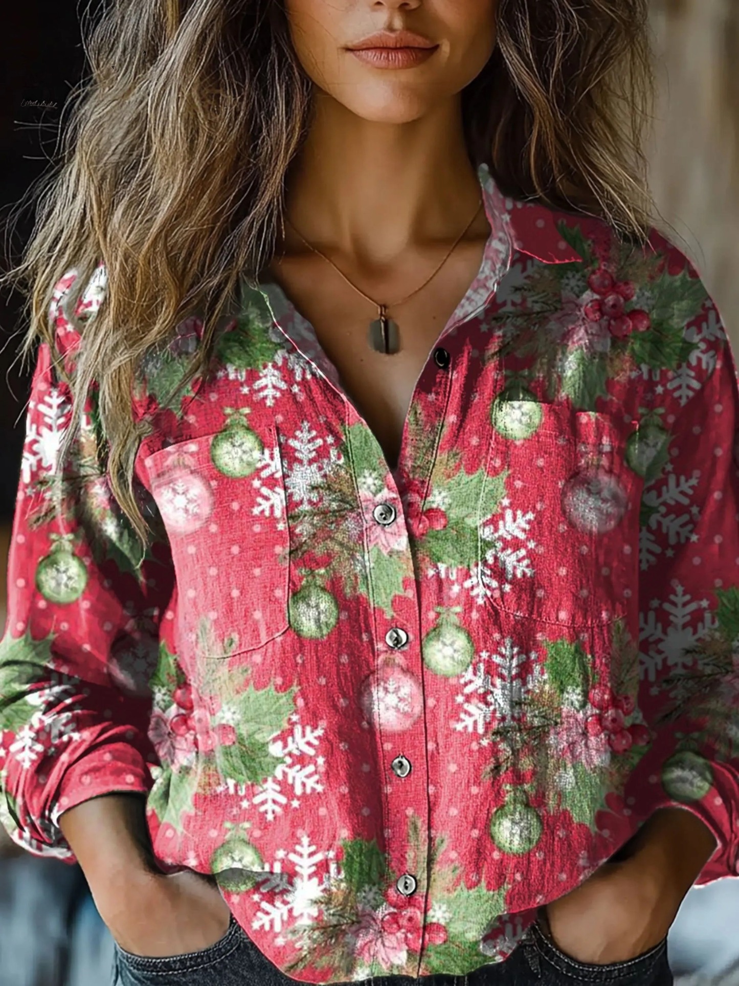 Women's Red Christmas Snowflake Decoration Art Print Casual Long Sleev