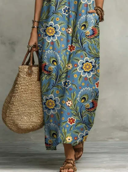 Women's Retro Floral Pattern Art Print Casual Ruffled Stylish Cotton Linen Dress