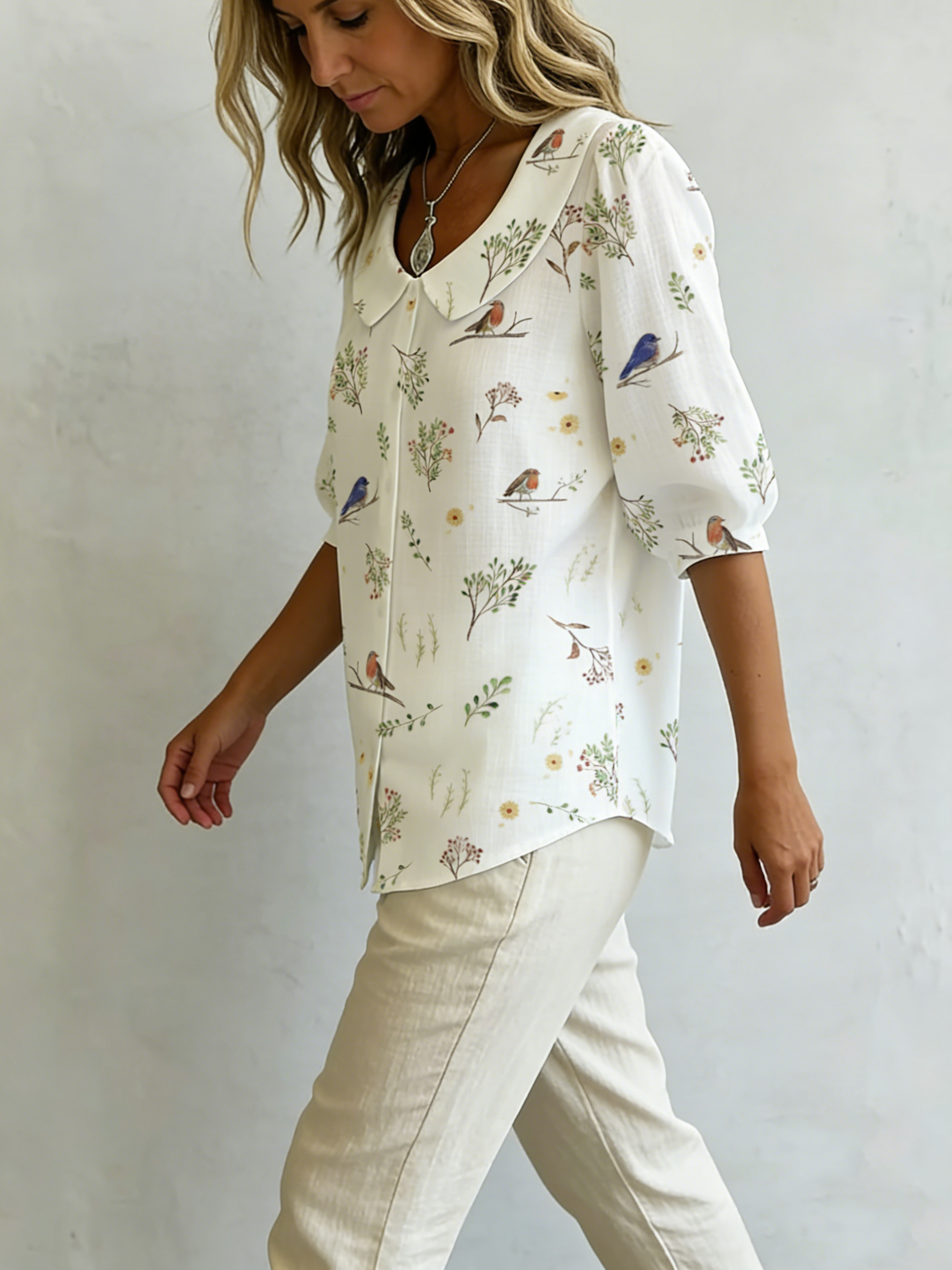 "Forest Whispers" Peter Pan Collar Linen-Cotton Shirt