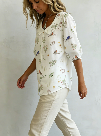 "Forest Whispers" Peter Pan Collar Linen-Cotton Shirt