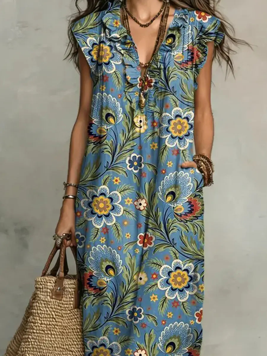 Women's Retro Floral Pattern Art Print Casual Ruffled Stylish Cotton Linen Dress
