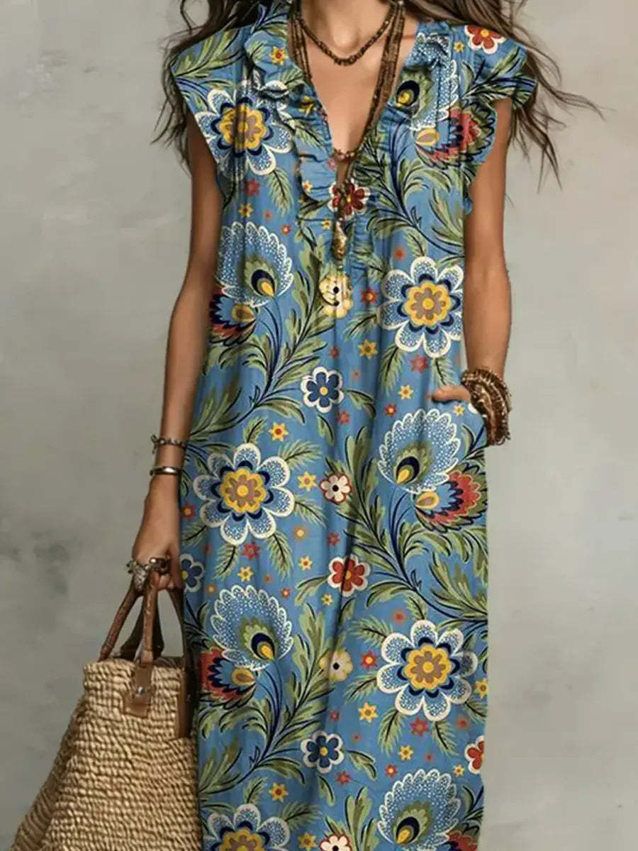 Women's Retro Floral Pattern Art Print Casual Ruffled Stylish Cotton Linen Dress