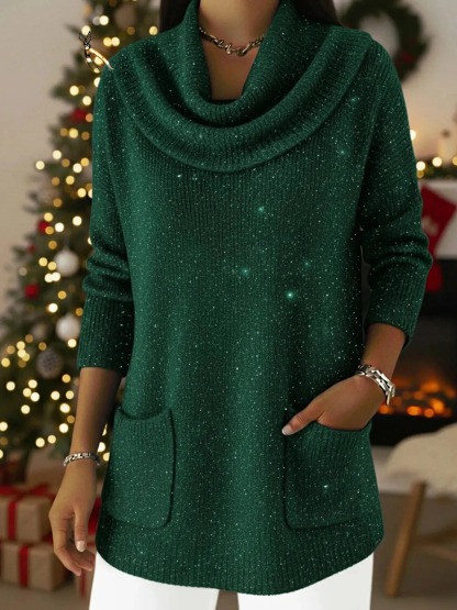 Christmas Elegant Cowl Collar Shiny Knitted Sweater
