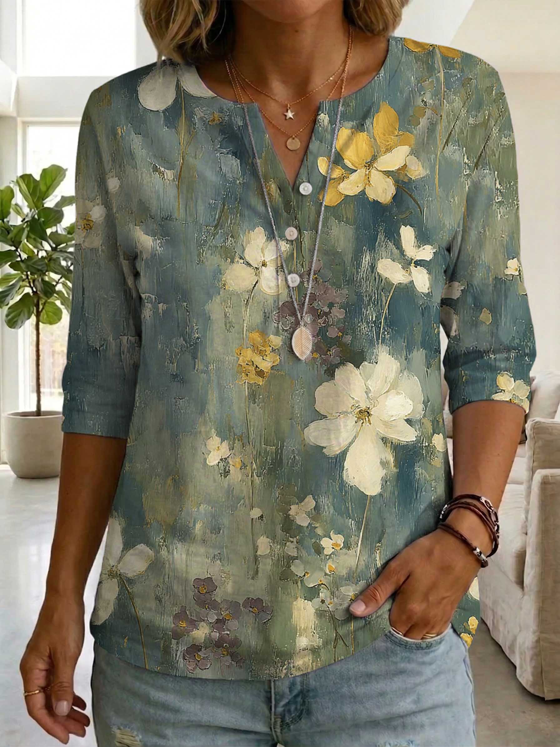 Women's Retro Floral Art Print Casual Cotton Shirt