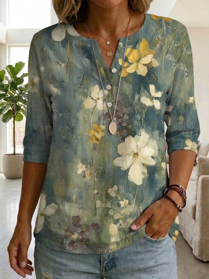 Women's Retro Floral Art Print Casual Cotton Shirt