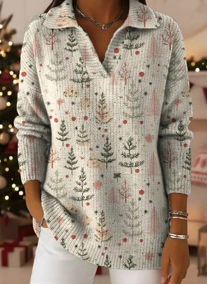 Women's Christmas Tree Art Print Casual Cotton Sweater