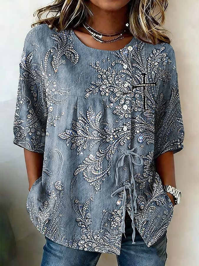 Women's Retro Floral Button Lace Up Tie Shirt