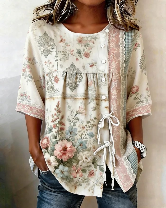 Women's Retro Faith Floral Button Lace Up Tie Shirt