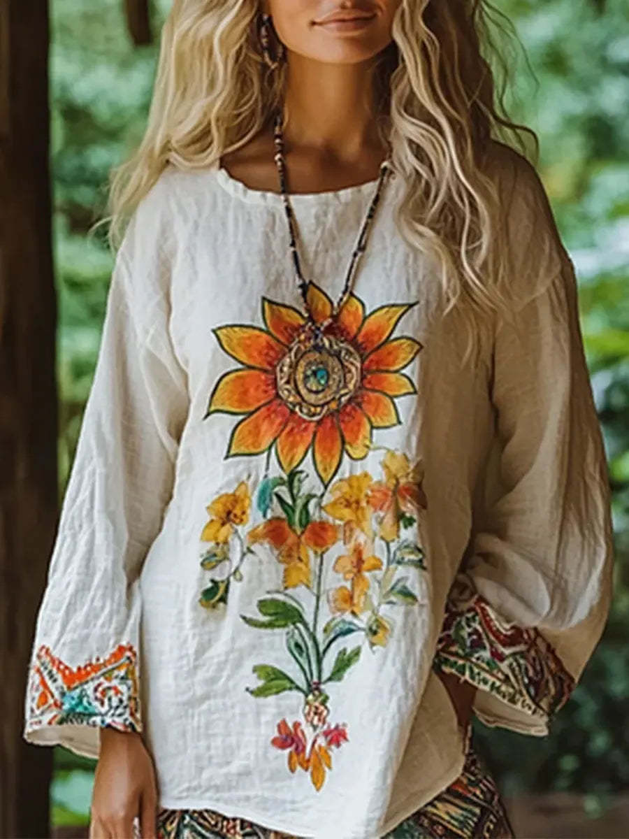 Floral Art Print Casual Linen Cotton Shirt