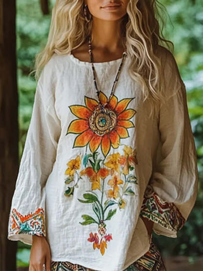 Floral Art Print Casual Linen Cotton Shirt