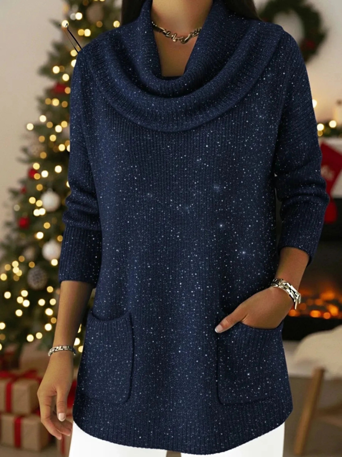 Christmas Elegant Cowl Collar Shiny Knitted Sweater