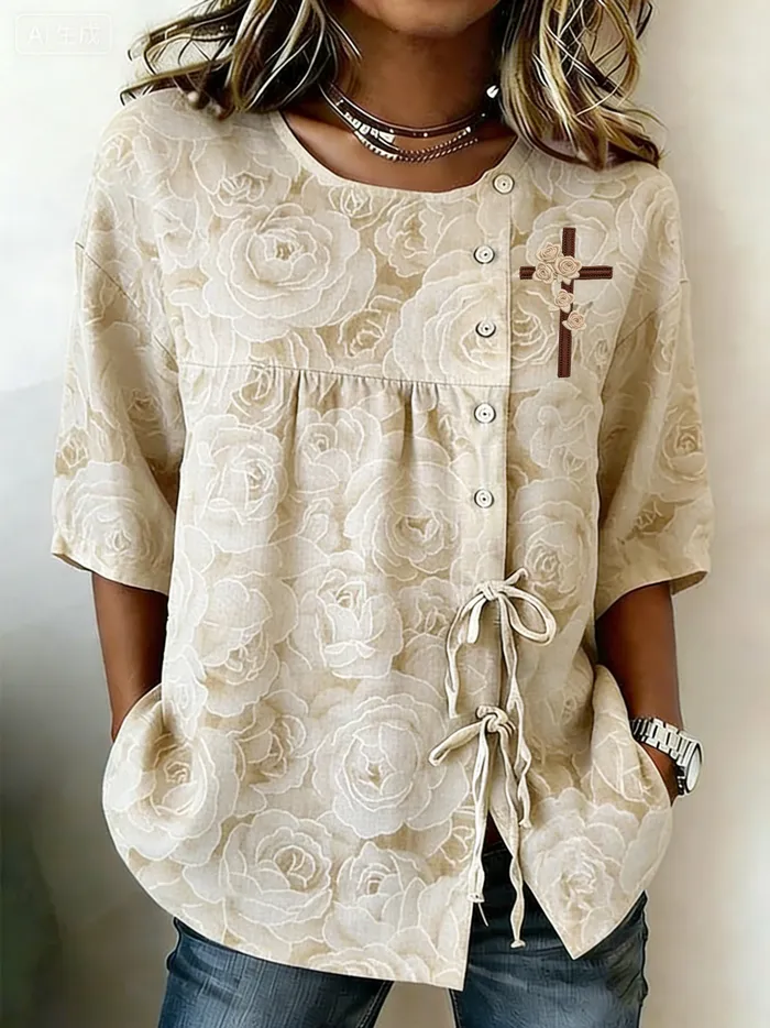 Women's Retro Faith Floral Button Lace Up Tie Shirt