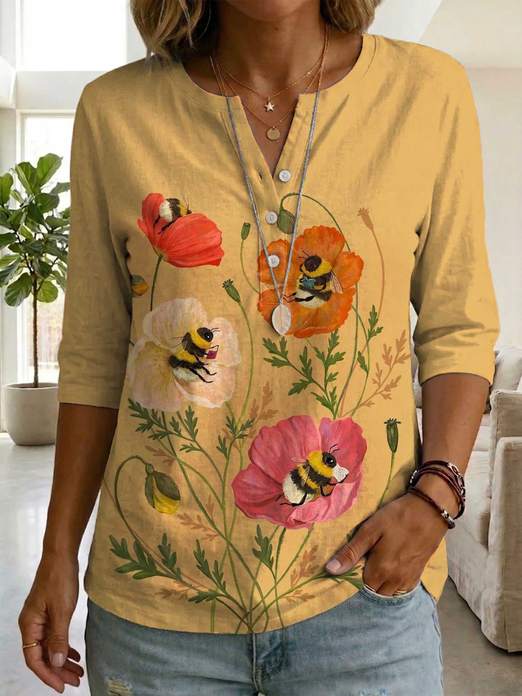 Women's Retro Floral Art Print Casual Cotton Shirt